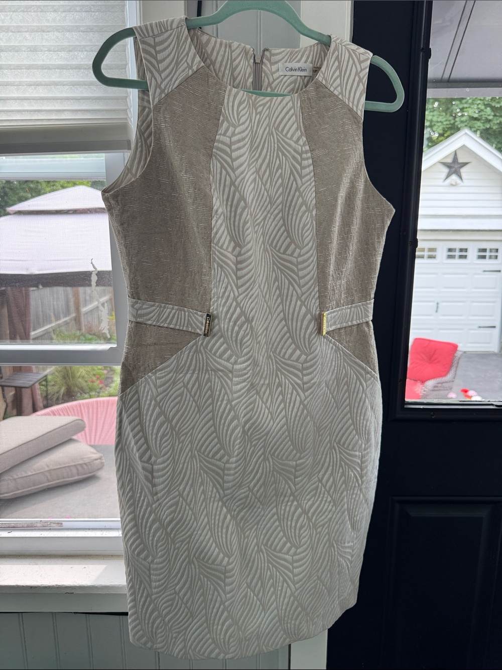 Calvin Klein Ivory and Gold Metallic Sheath Dress